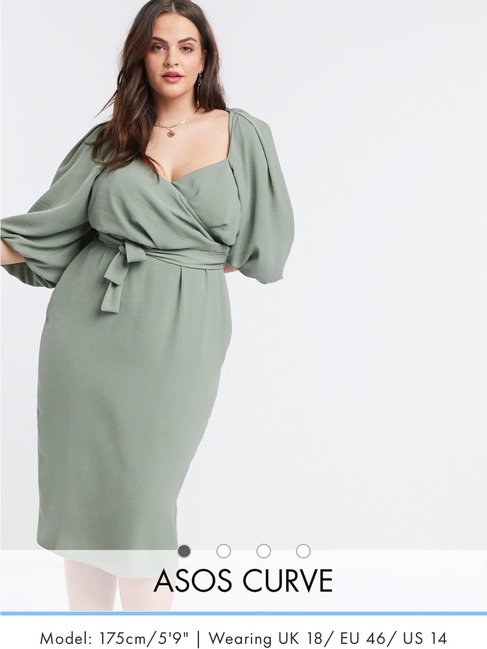 ASOS Curve - Size 18 Wrap style Midi Dress in Sage Green with Puff Sleeves